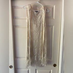 White boho knit sleeveless cardigan with hood (vest)